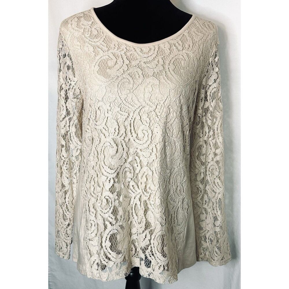 Chico's Sz 1 Misses Sz 8 Beige Long Sl. Tee w/Gold Stitched Lace Front & Sleeves